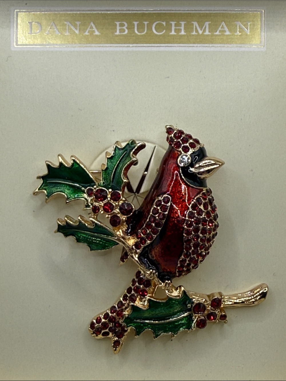 Dana Buchman Red Green enamel rhinestone Cardinal Brooch Accents new in box